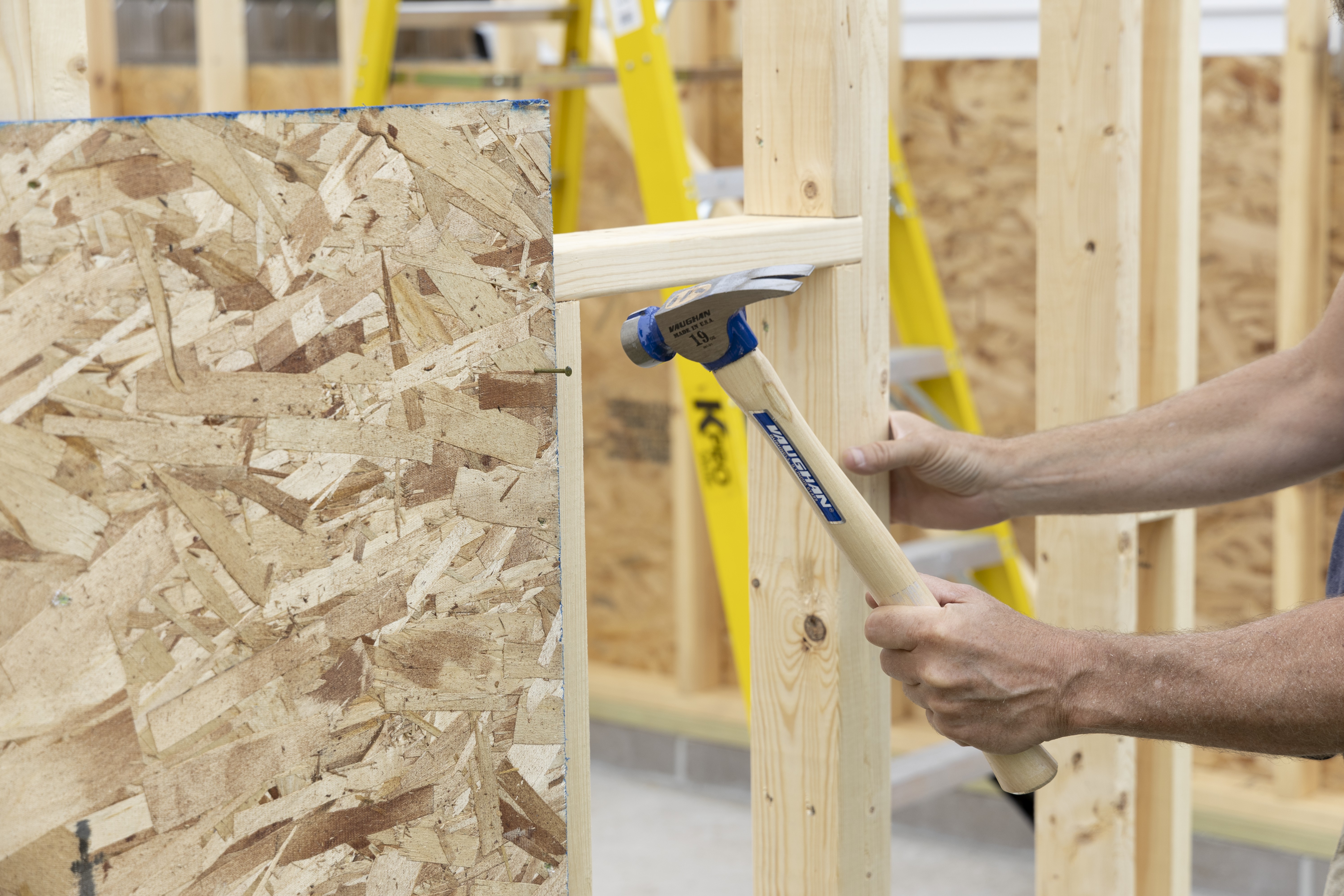man driving nail with hickory handled California Framer hammer